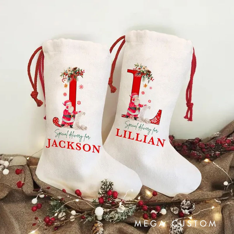 Personalized Initial and Name Christmas Stocking with Festive Floral Accents for Holiday Warmth