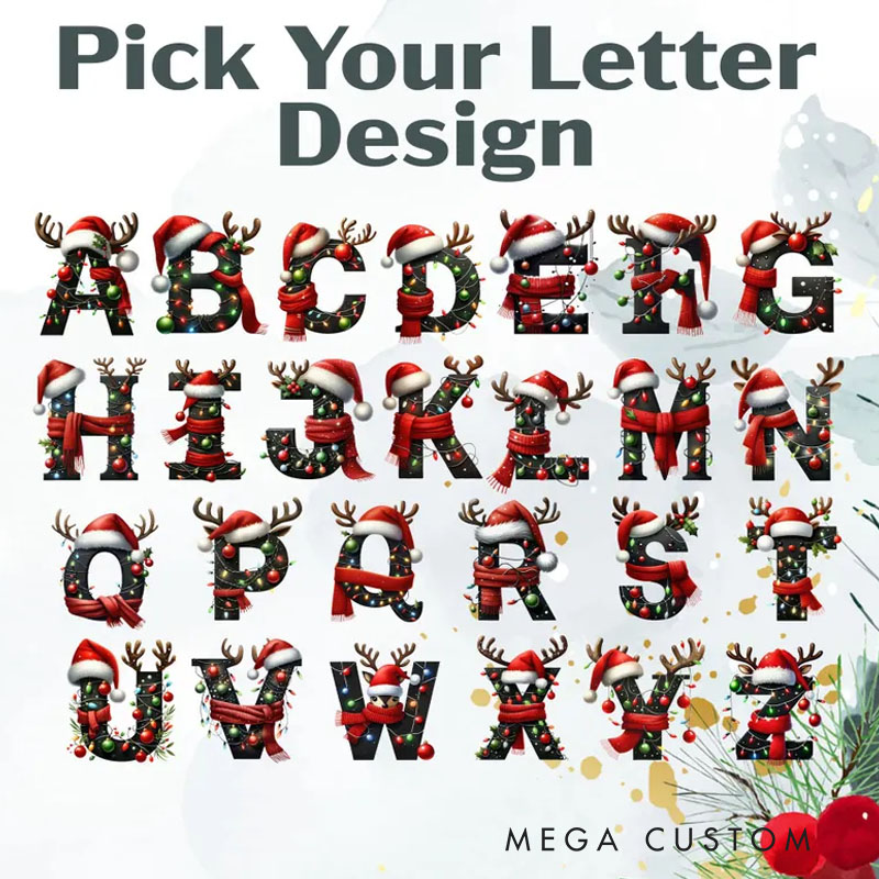 Personalized Holiday Initial Mug with Festive Decorations and Custom Name for a Cheerful and Unique Gift Mug