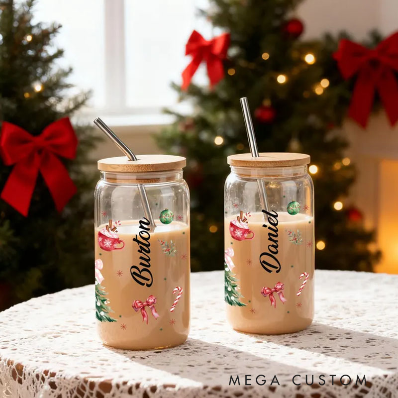 Personalized Festive Glass Cup with Holiday Decorations and Custom Name for a Charming and Unique Beverage Experience Glass Cup