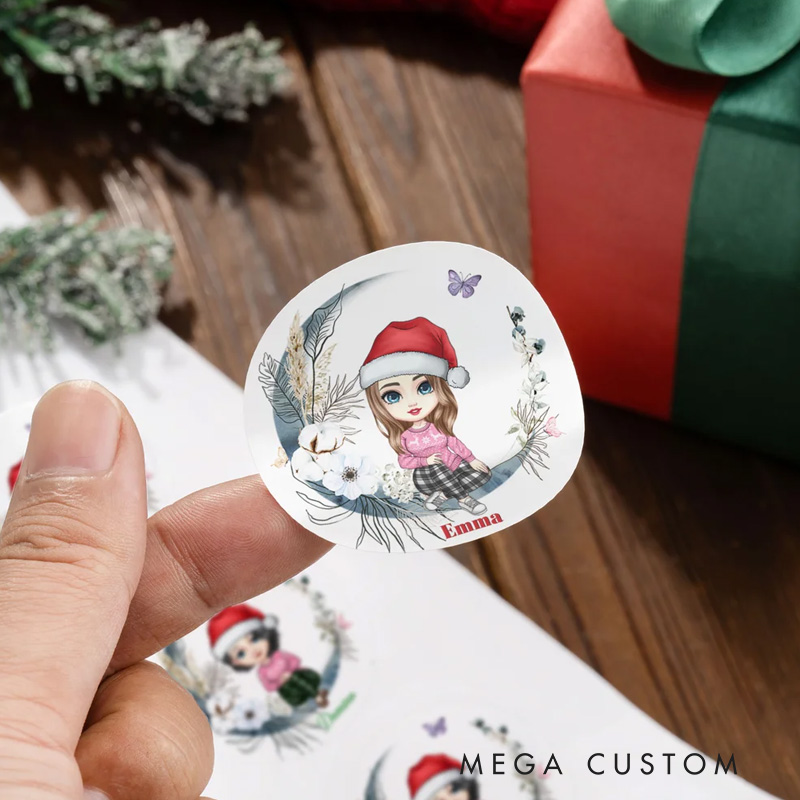 Personalized Moon Floral Santa Hat Cartoon Character Waterproof Stickers Labels with Name Gift Decor Christmas Party Favors for Family Kid