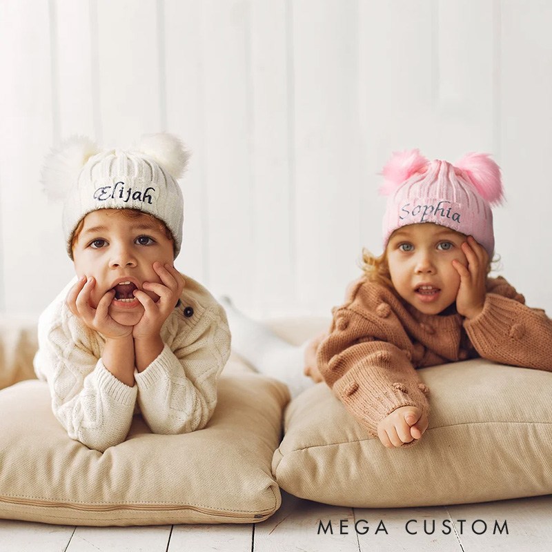 Personalized Double Pom Pom Baby Knitted Winter Hat with Embroidery Name Baby Shower Christmas Day Birthday Gift for Kid Newborn