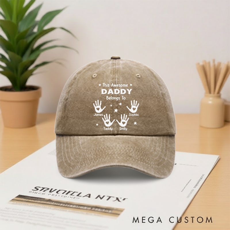 Personalized Proud Grandpa Of Little Hands Vintage Washed Denim Baseball Cap Gifts for Dad Grandpa