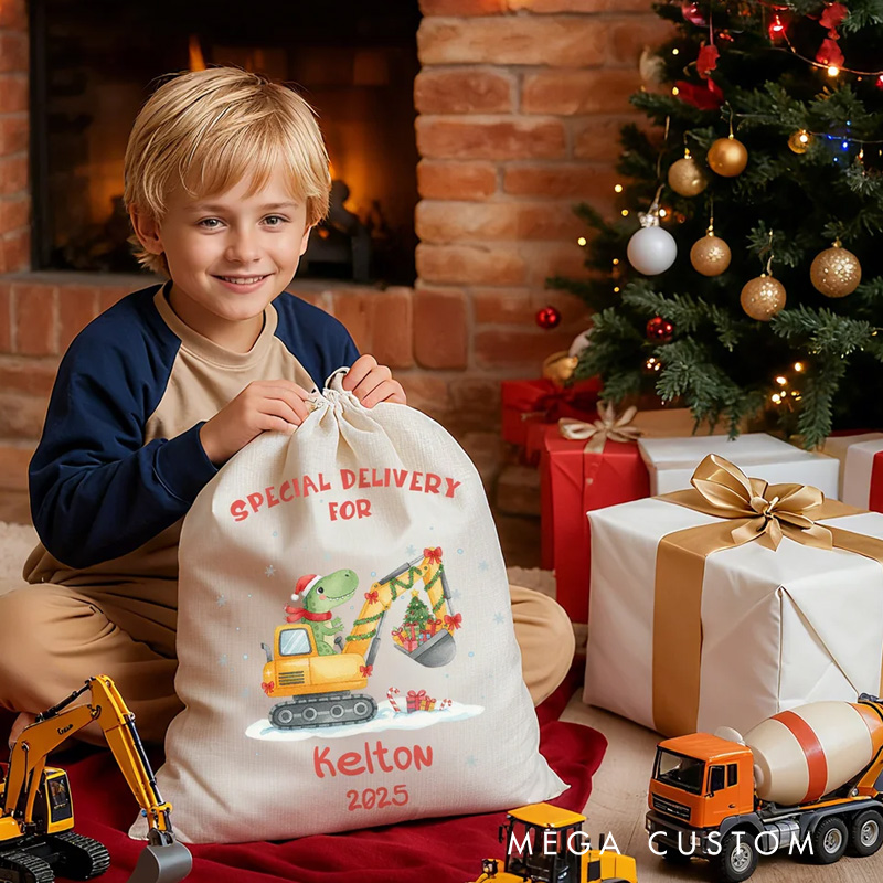 Personalized Cute Dinosaur Construction Vehicle Drawstring Gift Bag Santa Sack with Name and Year Christmas Gift for Kids