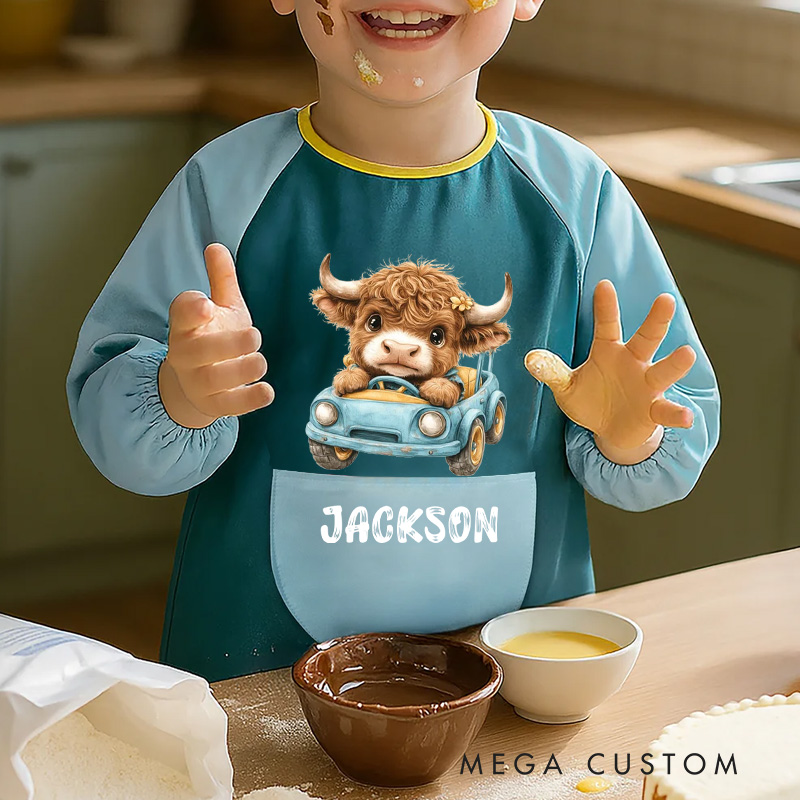 Personalized Animal Adventure Apron with Custom Name and Playful Blue Pink Highland Cow for Fun Baking Activities Kid Apron
