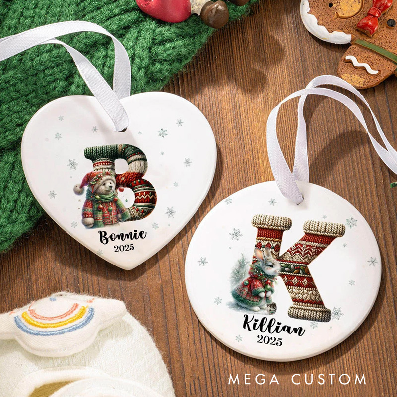 Personalized Cute Animals Knitted Design Ceramic Christmas Ornament with Initial and Name Christmas Tree Decoration Gift for Family Friends