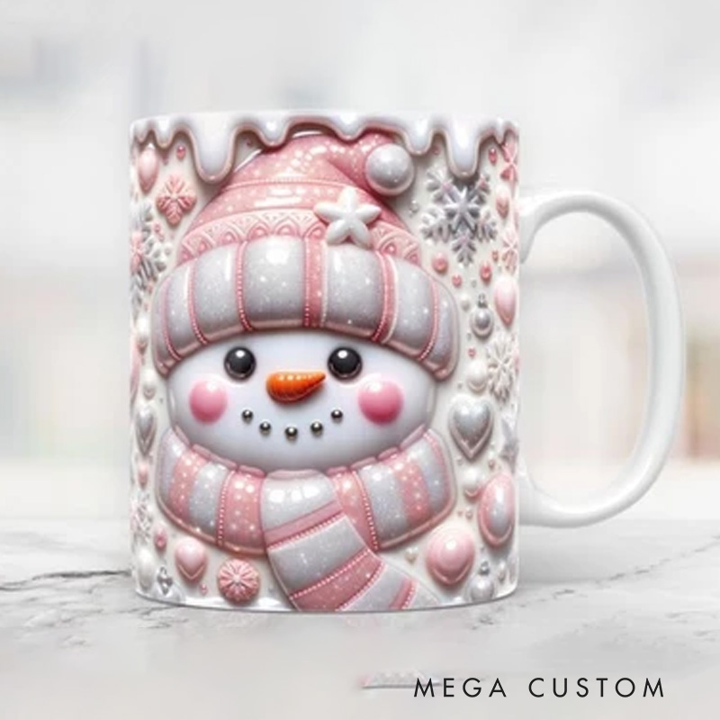 Personalized Name Cozy Snowman Mug with Heartwarming Winter Elements and Festive Cheer 3D Inflated Effect Printed Mug