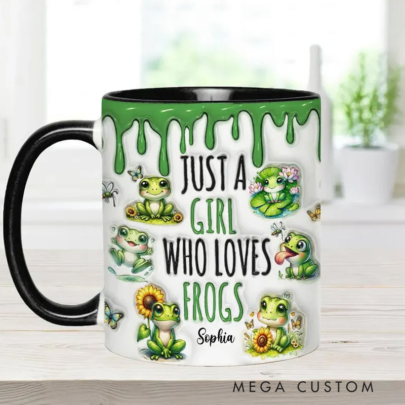 Personalized Frog Lover's Mug with Playful Amphibian Illustrations and Custom Name 3D Inflated Effect Printed Mug