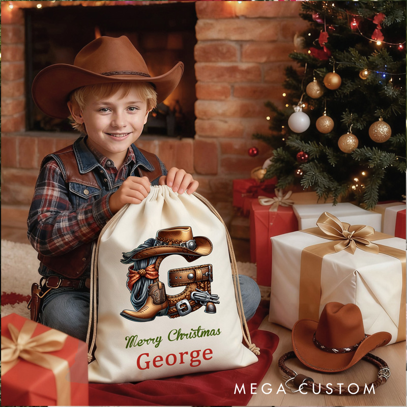 Personalized Santa Sack with Custom Name Western Christmas Gift Bag for Kids and Family Christmas Cowboy Boot Initial Name Gift Bag