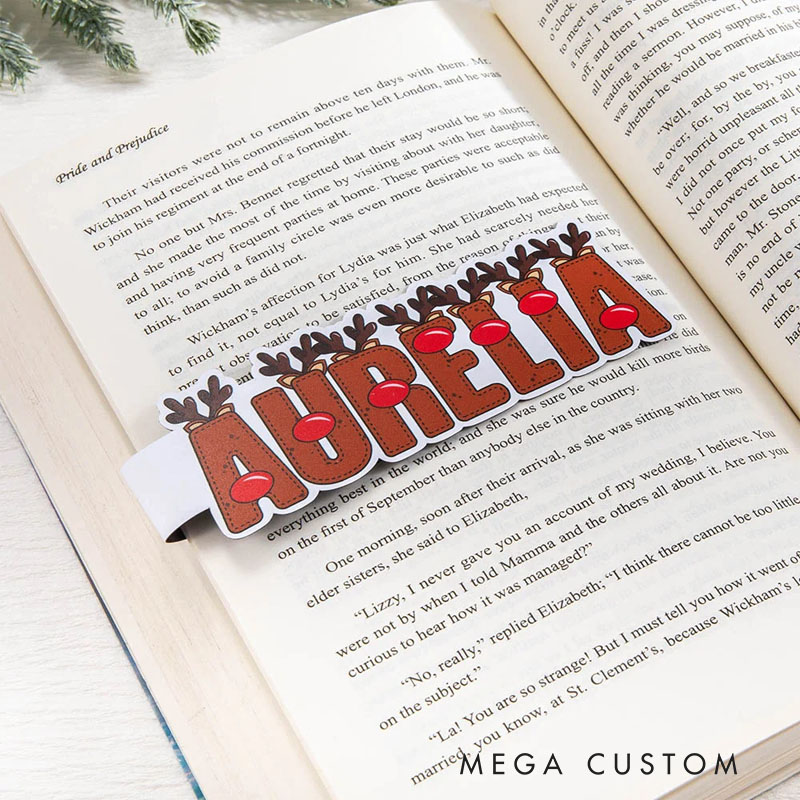 Personalized Elf Snowman Reindeer Doodle Letter Name Magnetic Bookmark Clips Set of 2 Birthday Christmas Gift for Kids Family