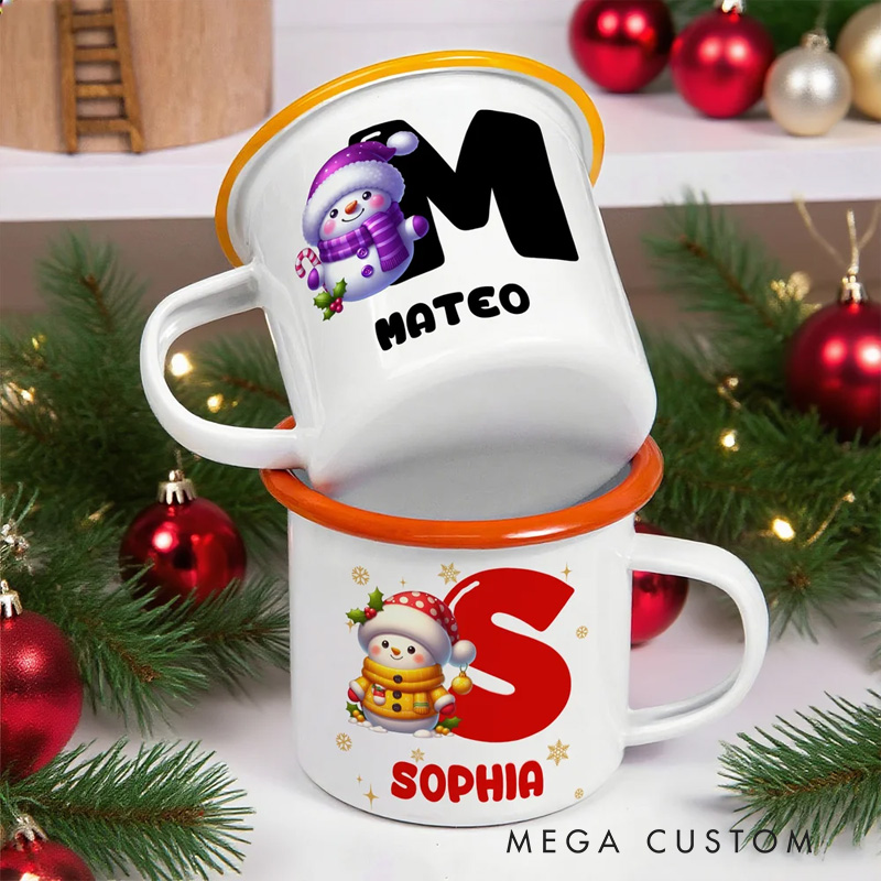 Personalized Cute Cartoon Snowman Initial 12 oz Enamel Mug with Name Christmas Gift for Boys Girls