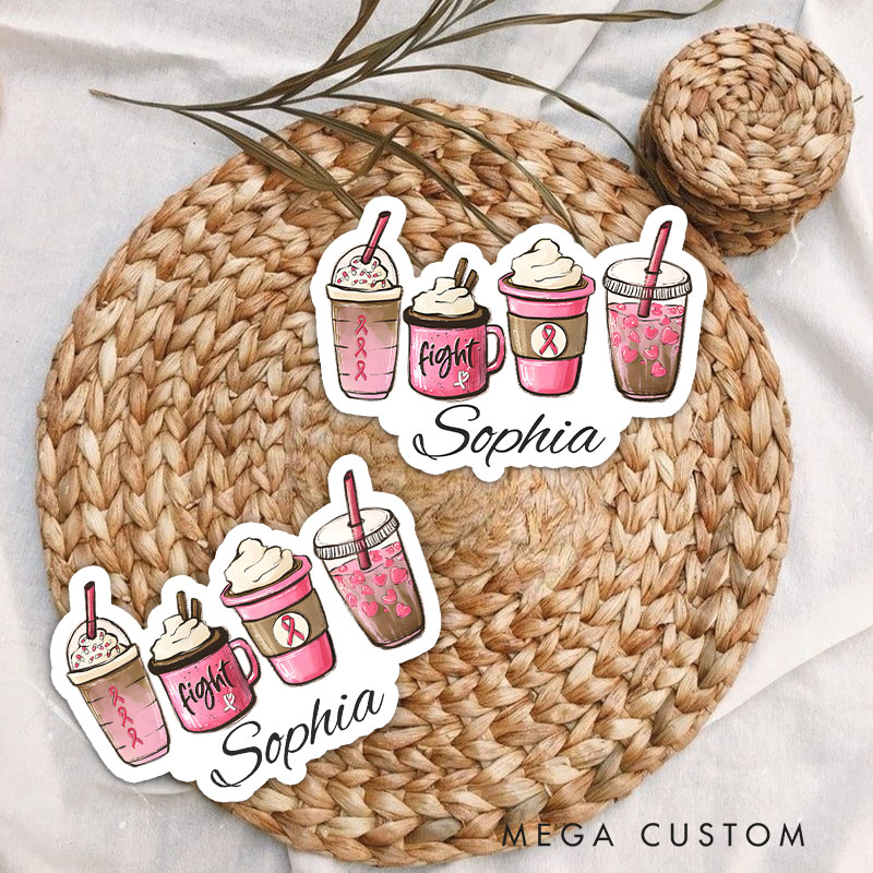 Personalized Cute Coffee Cup Sticker Set with Pink Ribbon and Fight Theme for Fun and Motivational Style Stickers