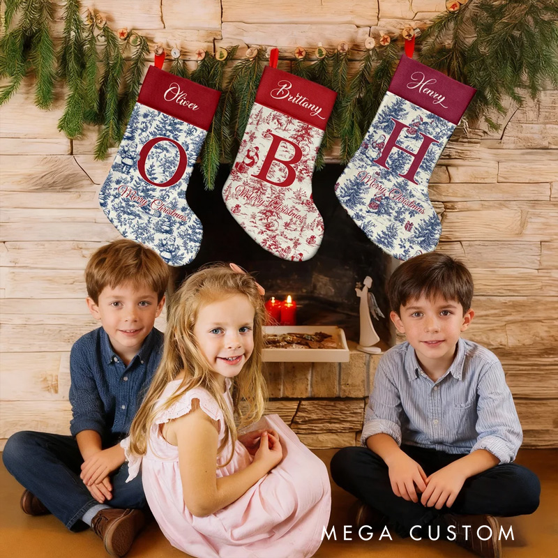Personalized Toile De Jouy Style Santa Claus Initial Hanging Christmas Stocking with Name Home Decor Christmas Gift for Kid Family
