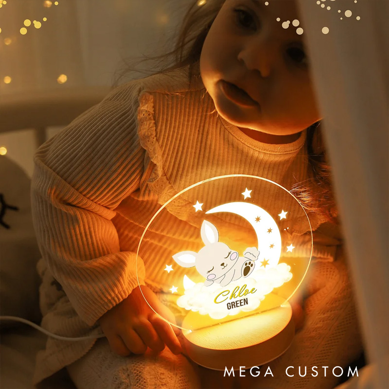 Personalized Dreamy Moon Forest Animal LED Night Light with Name Text and Wooden Base Nursery Room Decor Birthday Baby Shower Gift for Baby Kid