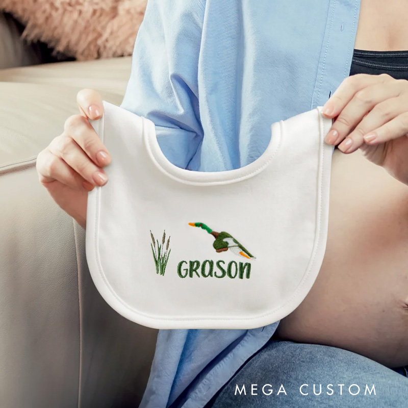 Personalized Embroidered Mallard Duck Reed Soft 100% Cotton Baby Bib with Name Feeding Accessory Baby Shower Welcome Christmas Gift for Baby Kid