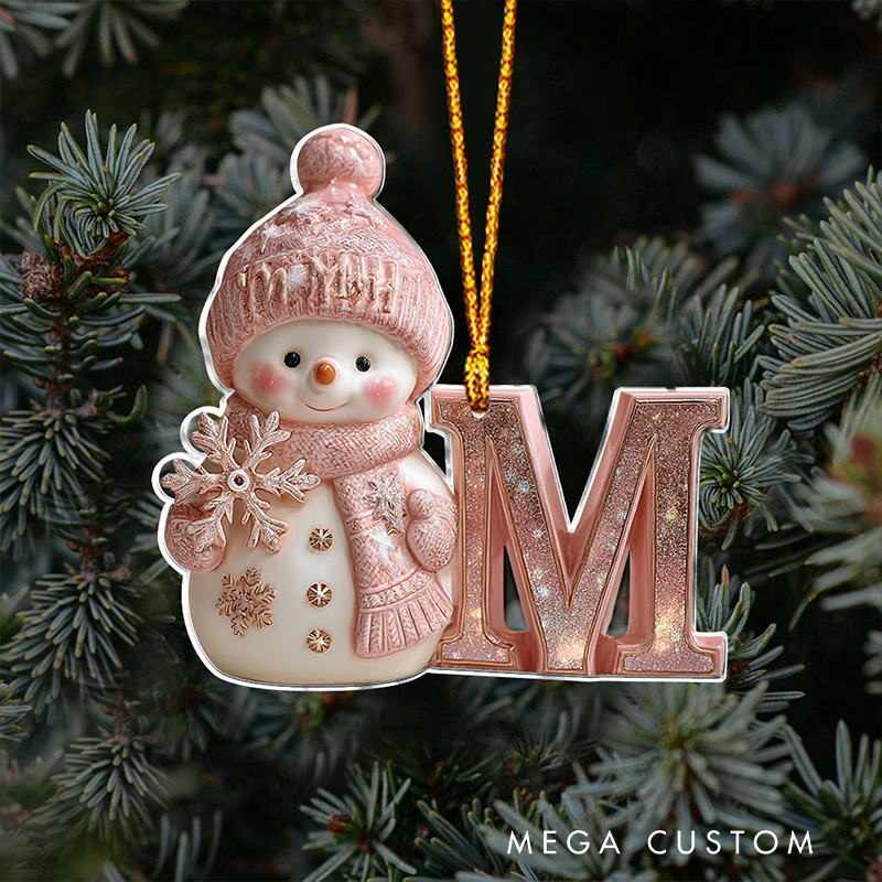 Personalized Snowman Ornament with Glittery Initial Design and Cozy Winter Details Perfect for Holiday Decor Christmas Ornament