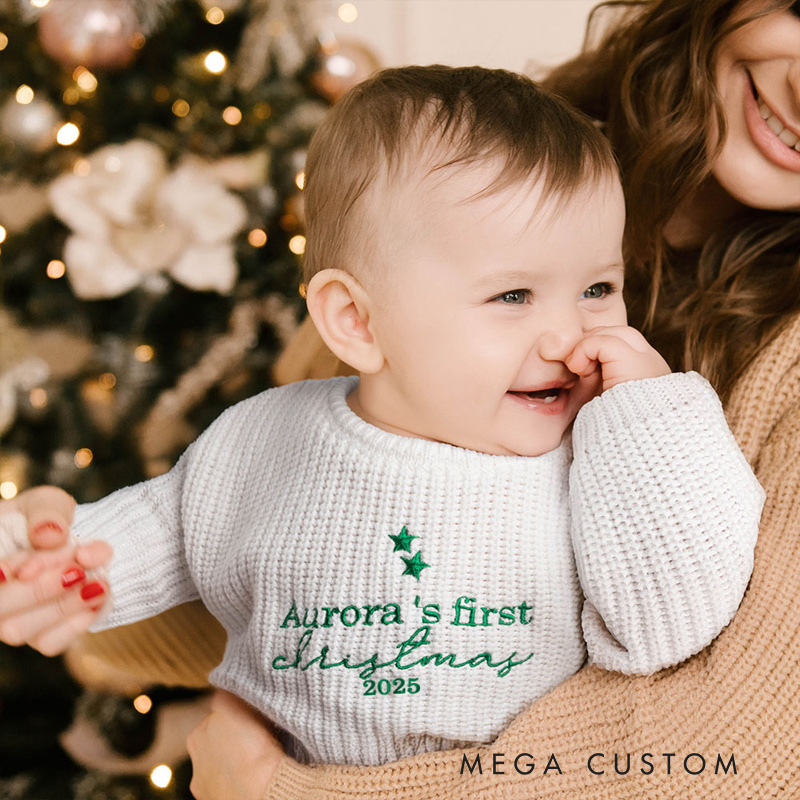 Personalized Embroidered Baby Sweater with First Christmas Design Featuring Custom Name and Year Perfect for Holiday Memories Sweater