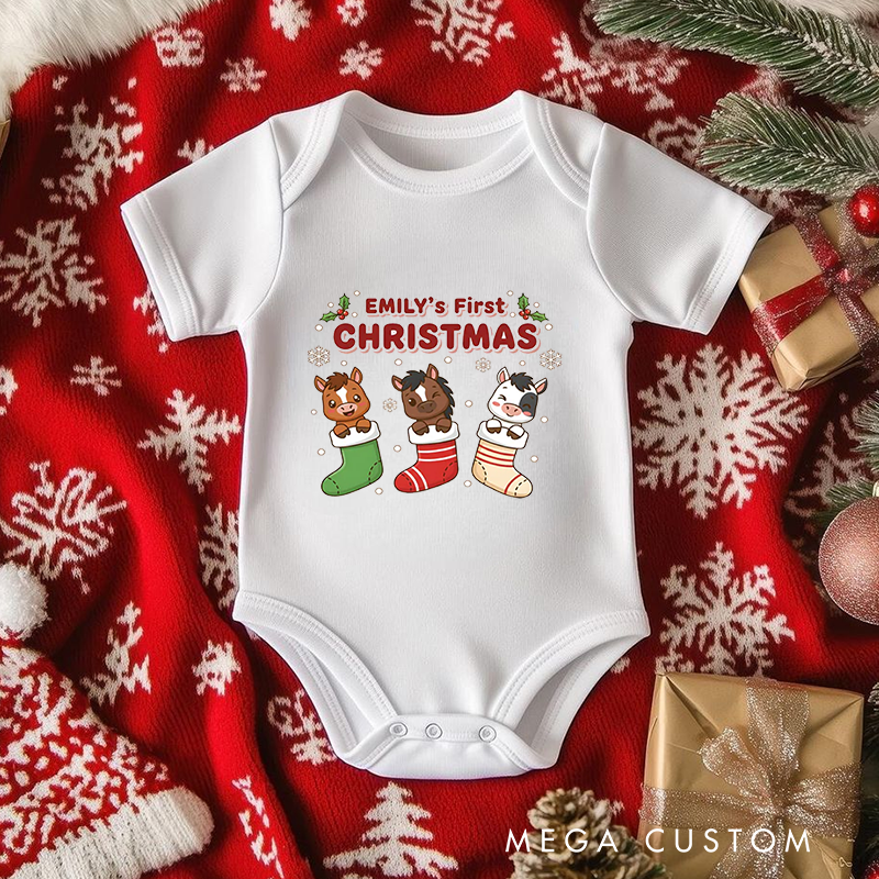 First Christmas Custom Name Baby Onesie Bodysuit with Christmas Stocking Cartoon Cow Design