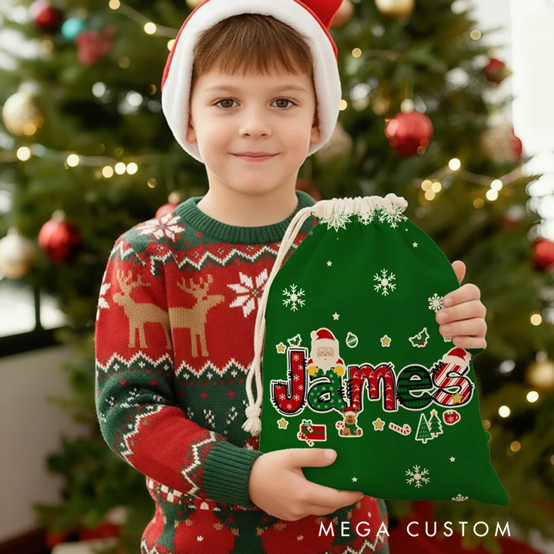 Personalized Santa Claus Elk Christmas Element Alphabet Canvas Drawstring Gift Bag with Name Christmas Gift for Kids