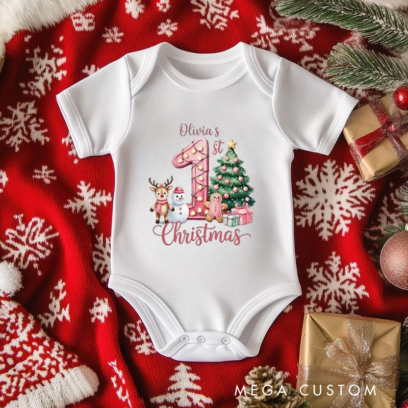 Personalized Baby Onesie and Xmas Baby Bodysuit with Deer Snowman and Christmas Tree Design for Baby's 1st Christmas