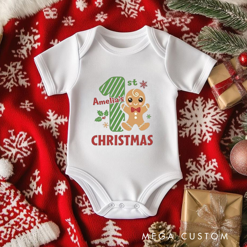 Festive Fun Baby Onesie and Xmas Baby Bodysuit with Gingerbread Man Design for Baby's 1st Christmas
