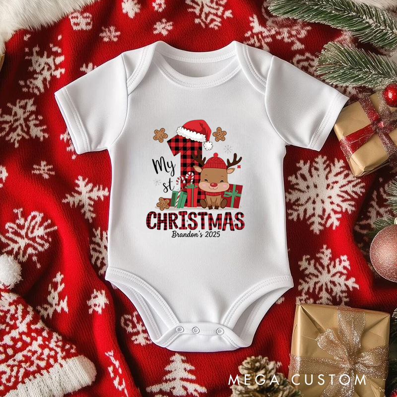 Festive Joy Baby Onesie and Xmas Baby Bodysuit with Reindeer and Gift Design for Baby's 1st Christmas