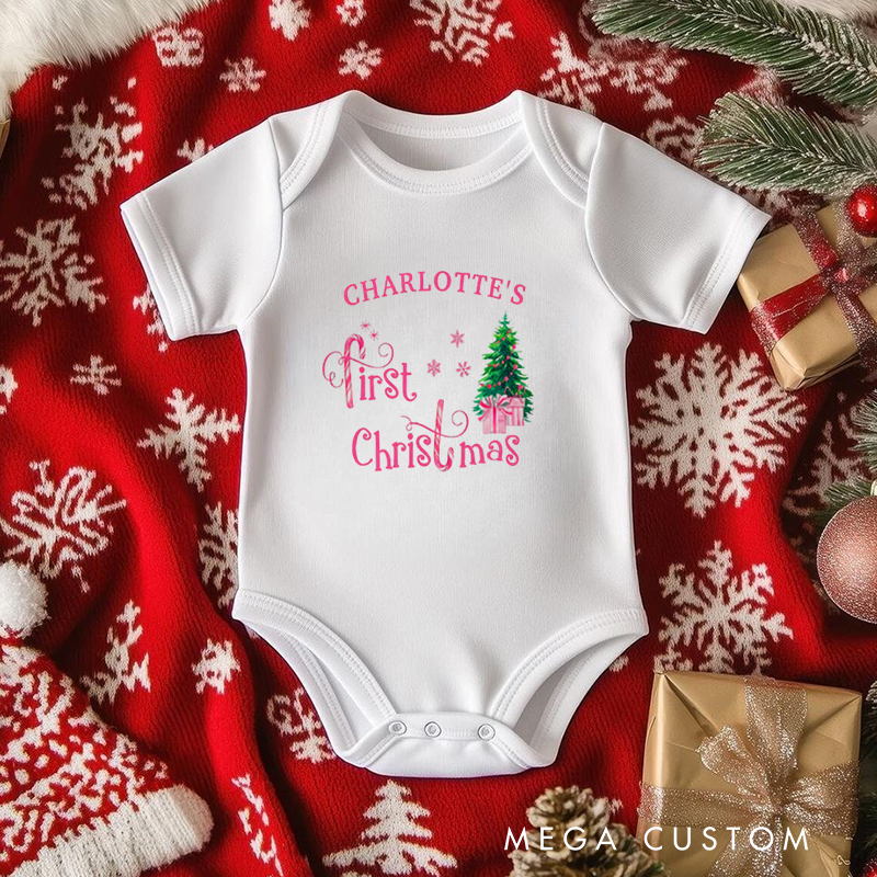 Dreamy Festive Baby Onesie and Xmas Baby Bodysuit with Christmas Tree and Gift Design for Baby Girl's 1st Christmas