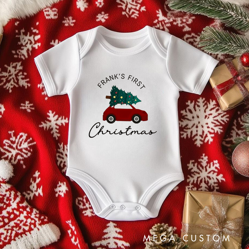 Personalized Baby Onesie and Xmas Baby Bodysuit with Car and Christmas Tree Design for Baby's 1st Christmas