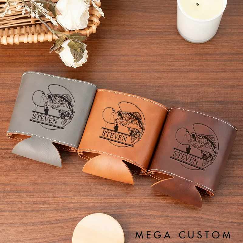 Personalized Fishing Cup Sleeve Fishing Can Cover Leather Design Perfect Gift for Fishing Enthusiasts and Outdoor Adventures