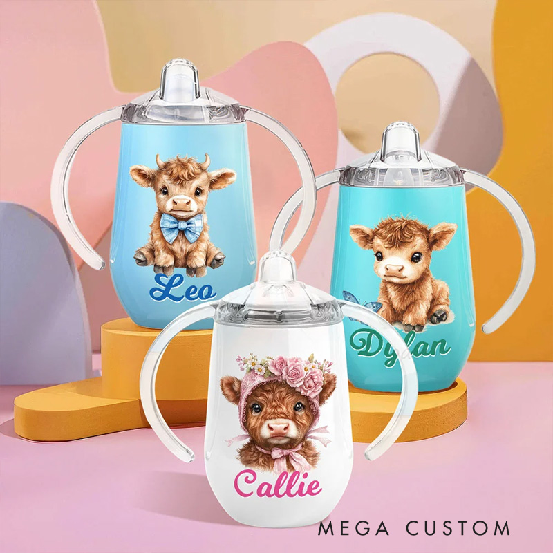 Personalized Cute Highland Cow 10 oz Insulated Name Sippy Cup with Lid and Handle Birthday Baby Shower Gift for Toddler Kids