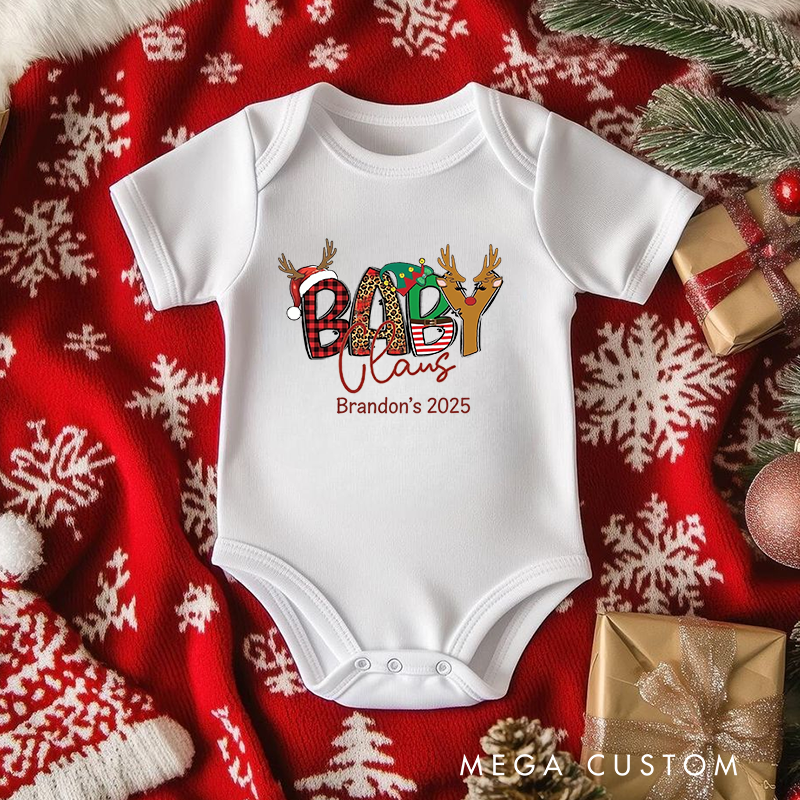 Personalized Baby Onesie and Xmas Baby Bodysuit with Christmas Baby Claus Design for Baby's Holiday Cheer