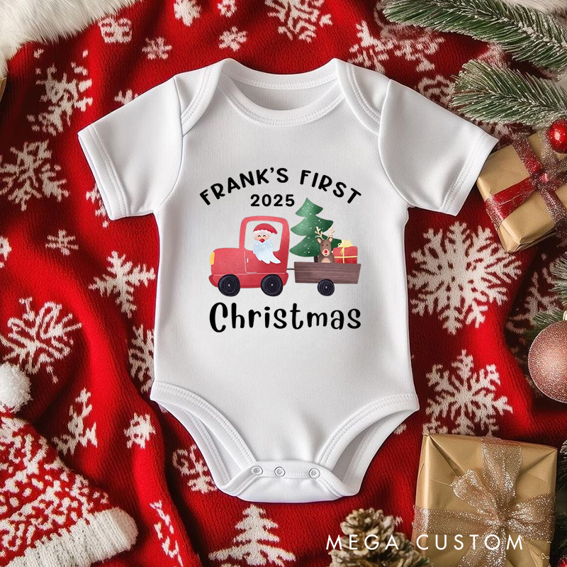 Personalized Baby Onesie and Xmas Baby Bodysuit with Santa and Christmas Tree Truck Design for Baby's 1st Christmas