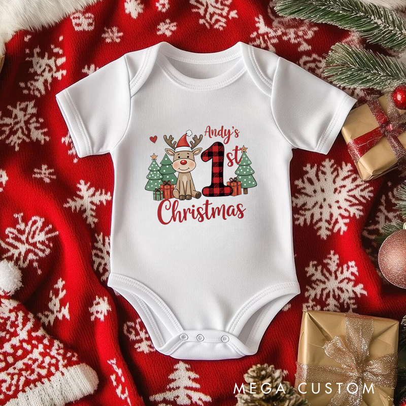 Personalized Baby Onesie and Xmas Baby Bodysuit with Painted Reindeer and Christmas Tree Design for Baby's 1st Christmas