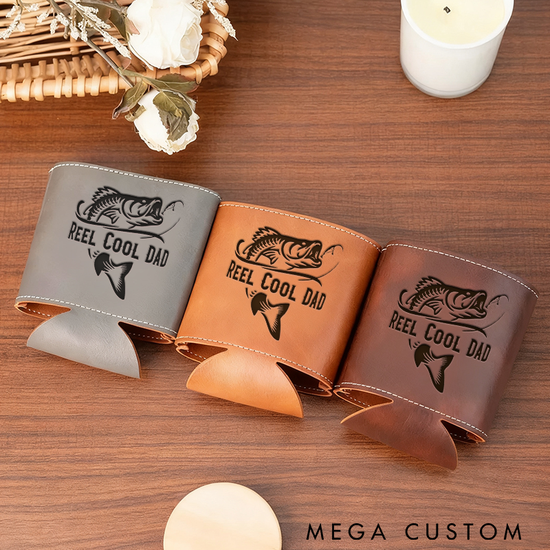 Personalized Fishing Can Cooler Leather Drink Holder Perfect Gift for Fishing Dads Father's Day Grandpa Boyfriend Birthdays and Special Occasions