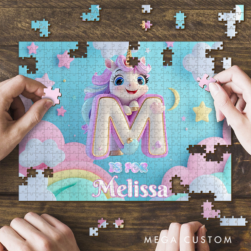 Personalized Unicorn Alphabet Puzzle with Custom Name and Whimsical Rainbow Design Perfect for Magical Playtime Kid Photo Puzzle