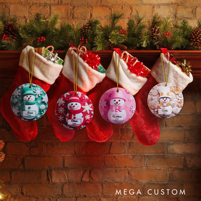 Personalized Faux 3D Snowman Snowflake Ceramic Ornament with Name and Year Christmas Tree Home Decor Holiday Gift for Family Kids