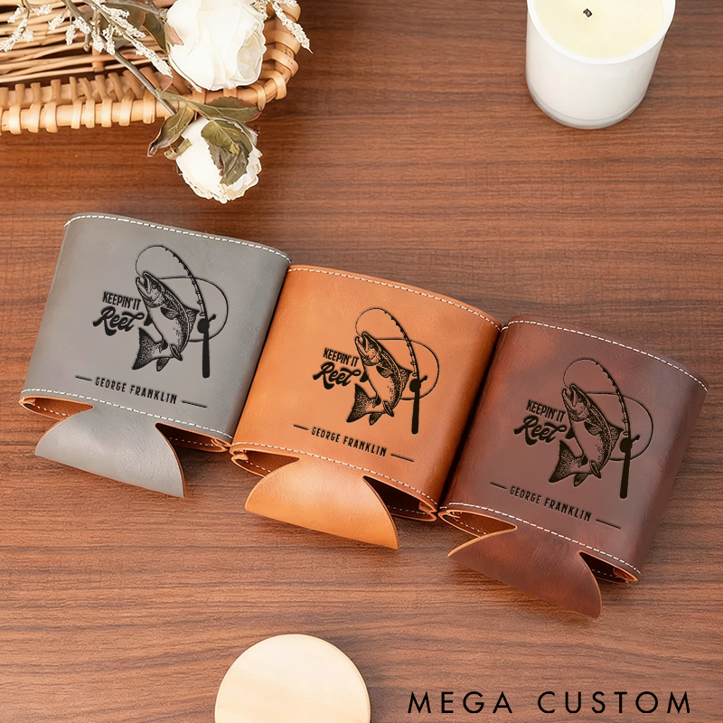 Personalized Leather Can Cooler Custom Engraved Fishing Design Insulated Drink Holder for Outdoor Adventures and Anglers Gifts