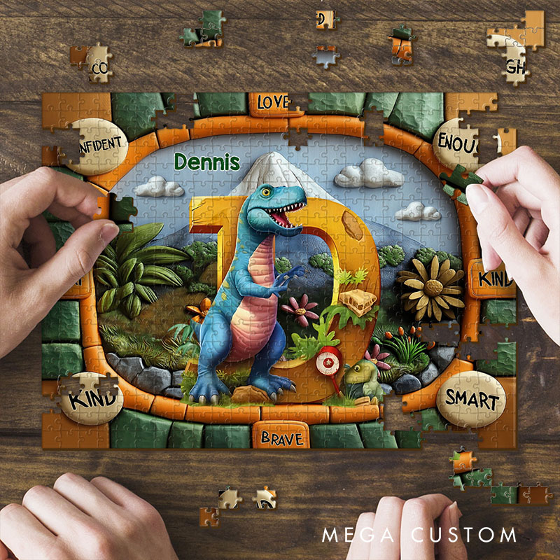Personalized Dinosaur Name Puzzle with Custom Letter and Encouraging Words Perfect for Fun and Educational Playtime Kid Photo Puzzle