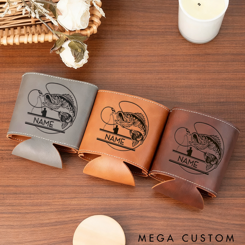 Personalized Leather Can Cooler Custom Fishing Cup Sleeve Custom Name Insulated Drink Holder for Anglers Perfect Gift for Fishing Enthusiasts