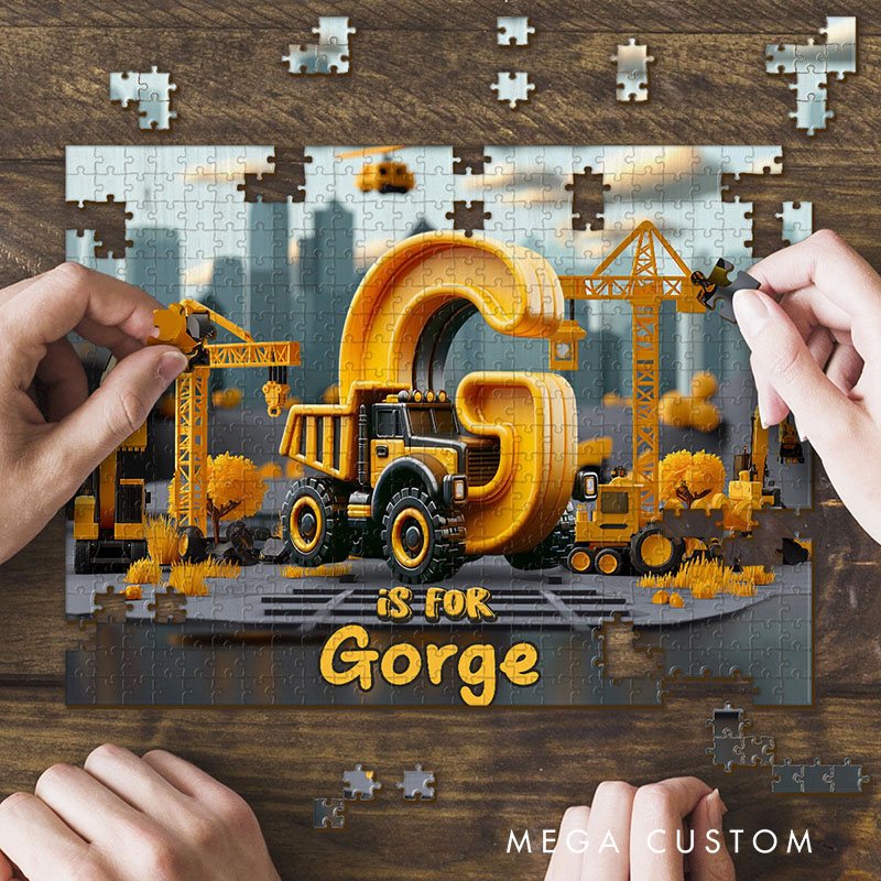 Personalized Construction Alphabet Puzzle with Custom Name and Bold Industrial Scene Perfect for Creative Playtime Kid Puzzle