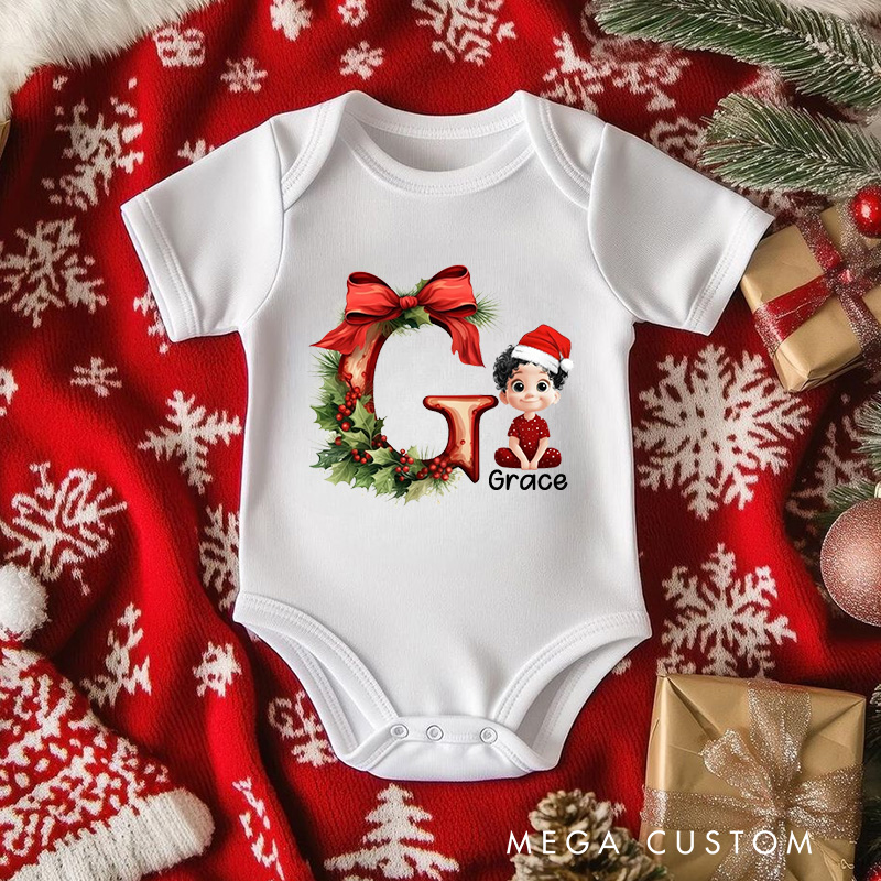 Personalized Cartoon Character Holly Bow Initial Bodysuit with Name Christmas Party Gift for Baby