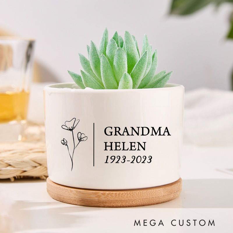  Personalized Memorial Planter for Loss of Loved One Custom Name Memorial Ceramic Plant Pot with Bamboo Tray Sympathy Gifts Remembrance Gifts