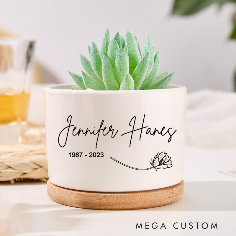 Personalized Memorial Planter for Loss of Loved One Custom Name Memorial Ceramic Plant Pot with Bamboo Tray Sympathy Gifts Celebration of Life