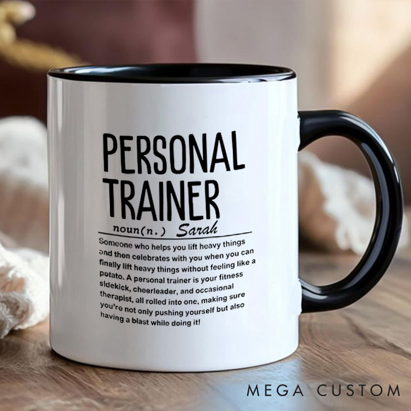 Personalized Trainer Definition Mug with Custom Name Gift Motivational Coffee Cup for Fitness Enthusiasts Bodybuilders and Gym Lovers