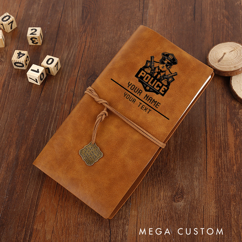 Personalized Retro Police Leather Journal Custom Notebook with Engraved Police Badge and Officer Design Notebook Gift for Police Officer