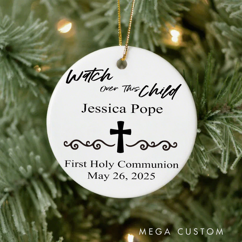 Personalized Watch Over This Child Ceramic Ornament First Holy Communion with Name Christening Gift for Christian