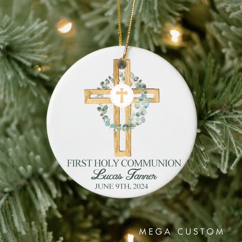 Personalized Cross Wreath Ceramic Ornament with Name Date Christening First Communion Gift for Christian Confirmation Gift