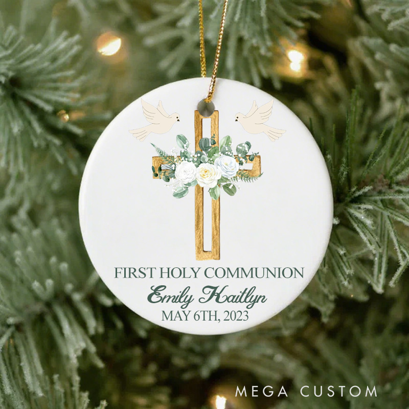 Personalized Cross Dove Ceramic Ornament with Name Date Christening First Holy Communion Gift for Christian Confirmation Gift