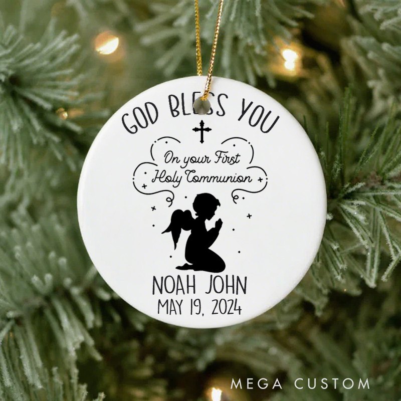 Personalized God Bless You Ceramic Ornament with Name Date Christening First Communion Gift for Christian Confirmation Gift