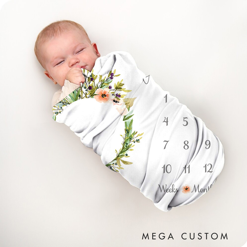 Personalized Floral Wreath Milestone Baby Blanket Combining A Floral Wreath Design With Growth Tracking Baby Blanket  