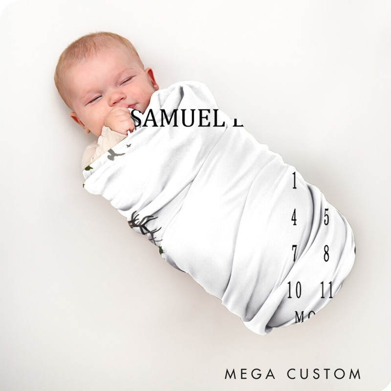 Personalized Forest Scene Milestone Baby Blanket Highlighting A Scenic Forest Design With Monthly Tracking Baby Blanket  